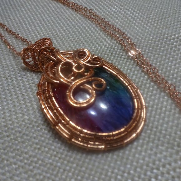 Gorgeous "RAINBOW SOLAR AGATE" Handmade WIRE-WRAPPED COPPER Pendant/Chain #68B - Picture 1 of 3